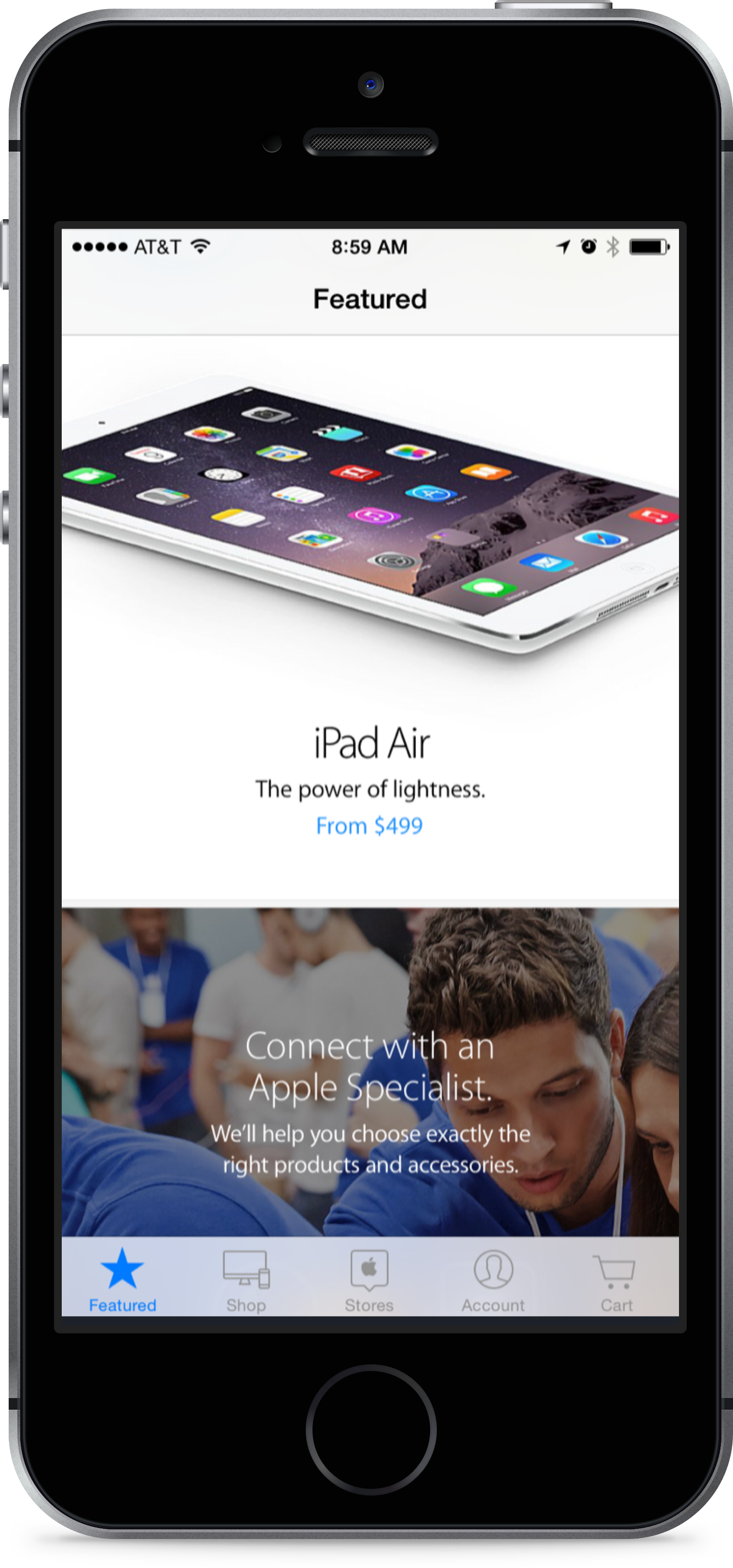 Featured tab — product highlights and Apple Specialist access