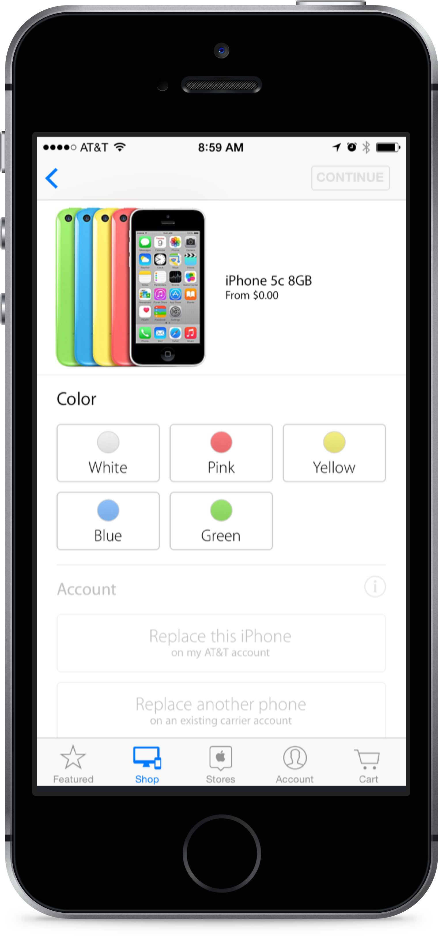 Product configuration — color selection and account options