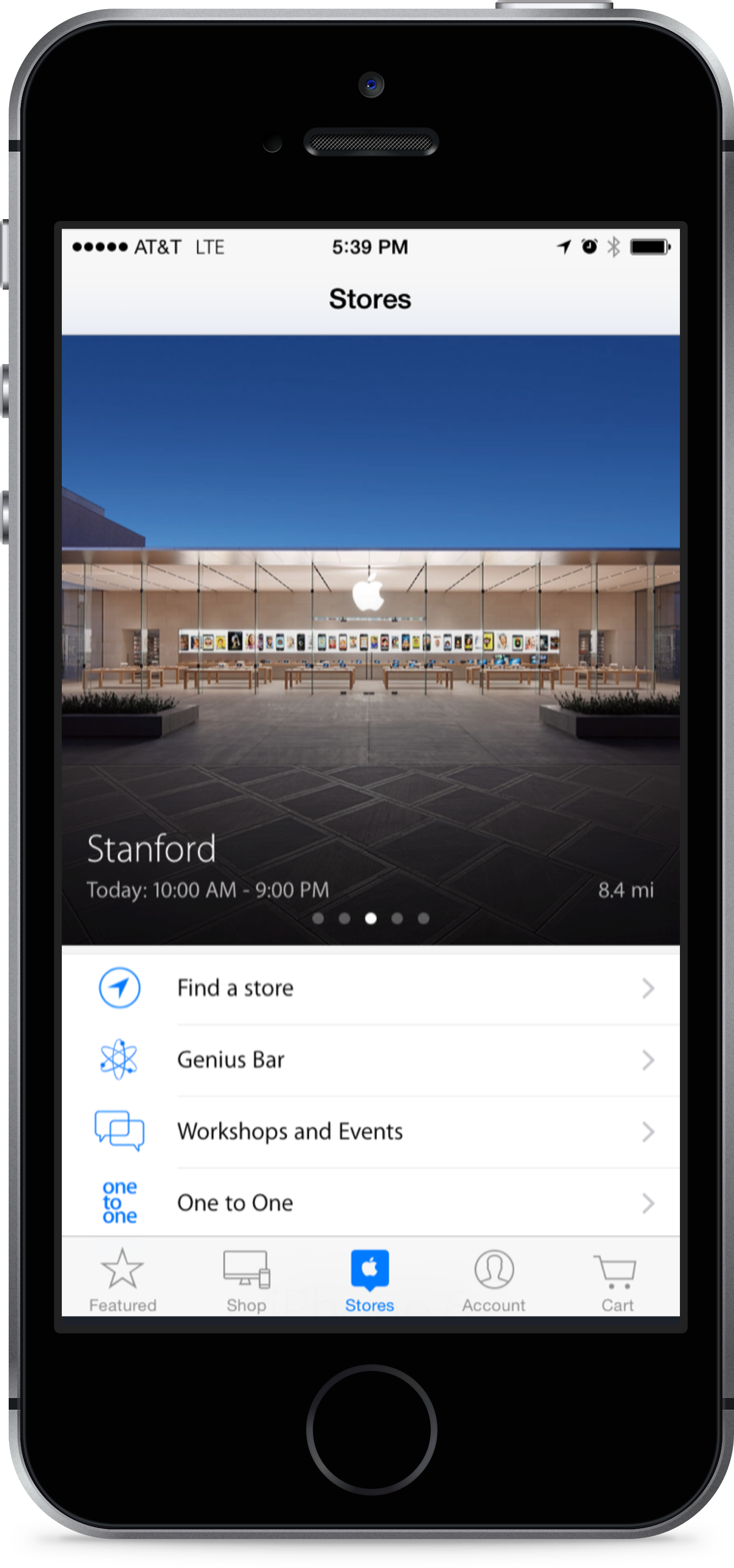 Stores tab — store details, Genius Bar, and workshops